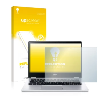 Parte frontale di una confezione del prodotto con il logo del marchio upscreen. Accanto è raffigurato il dispositivo Acer Spin