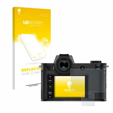 Parte frontale di una confezione del prodotto con il logo del marchio upscreen. Accanto è raffigurato il dispositivo Leica SL2