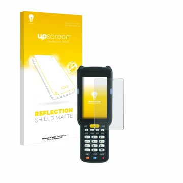 Parte frontale di una confezione del prodotto con il logo del marchio upscreen. Accanto è raffigurato il dispositivo Zebra MC3