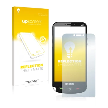 Parte frontale di una confezione del prodotto con il logo del marchio upscreen. Accanto è raffigurato il dispositivo Brondi Am