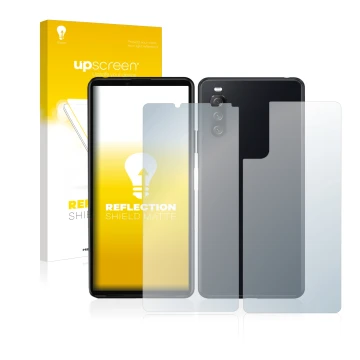 Parte frontale di una confezione del prodotto con il logo del marchio upscreen. Accanto è raffigurato il dispositivo Sony Xper