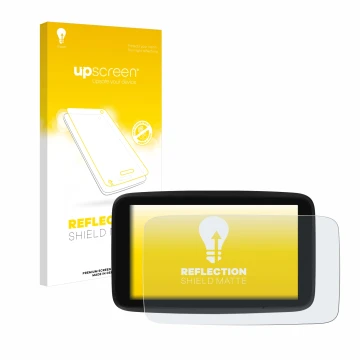 Parte frontale di una confezione del prodotto con il logo del marchio upscreen. Accanto è raffigurato il dispositivo TomTom GO