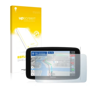 Parte frontale di una confezione del prodotto con il logo del marchio upscreen. Accanto è raffigurato il dispositivo TomTom GO