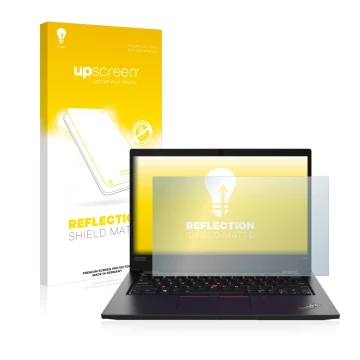 Parte frontale di una confezione del prodotto con il logo del marchio upscreen. Accanto è raffigurato il dispositivo Lenovo Th