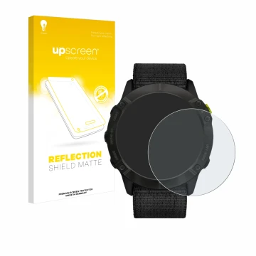 Parte frontale di una confezione del prodotto con il logo del marchio upscreen. Accanto è raffigurato il dispositivo Garmin En