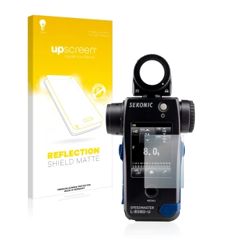 Parte frontale di una confezione del prodotto con il logo del marchio upscreen. Accanto è raffigurato il dispositivo Sekonic L