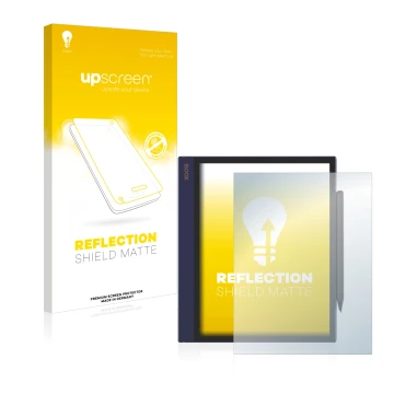 Parte frontale di una confezione del prodotto con il logo del marchio upscreen. Accanto è raffigurato il dispositivo Boox Note