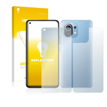 Parte frontale di una confezione del prodotto con il logo del marchio upscreen. Accanto è raffigurato il dispositivo Xiaomi Mi