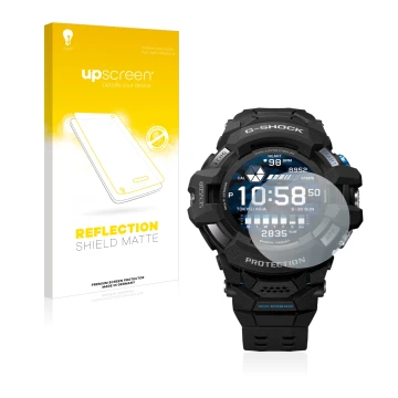 Parte frontale di una confezione del prodotto con il logo del marchio upscreen. Accanto è raffigurato il dispositivo Casio G-S