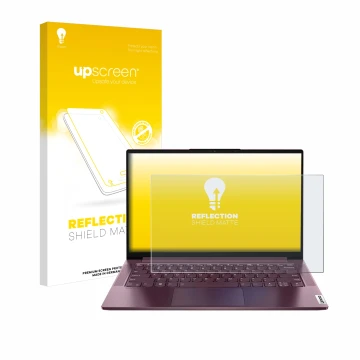 Parte frontale di una confezione del prodotto con il logo del marchio upscreen. Accanto è raffigurato il dispositivo Lenovo Yo