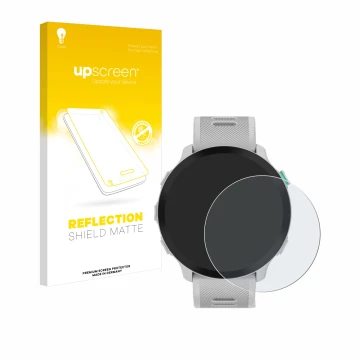 Parte frontale di una confezione del prodotto con il logo del marchio upscreen. Accanto è raffigurato il dispositivo Garmin Fo