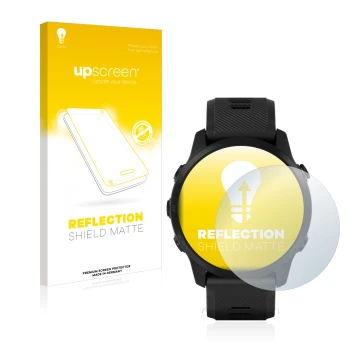 Parte frontale di una confezione del prodotto con il logo del marchio upscreen. Accanto è raffigurato il dispositivo Garmin Fo