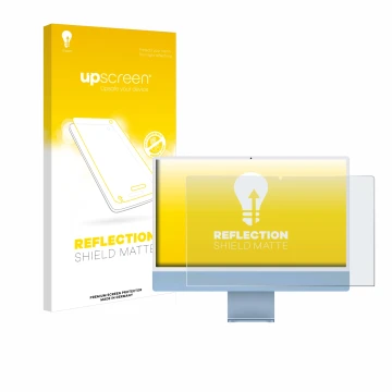 Parte frontale di una confezione del prodotto con il logo del marchio upscreen. Accanto è raffigurato il dispositivo Apple iMa