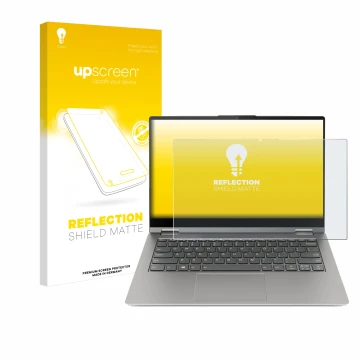 Parte frontale di una confezione del prodotto con il logo del marchio upscreen. Accanto è raffigurato il dispositivo Lenovo Th