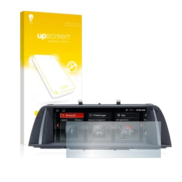 Parte frontale di una confezione del prodotto con il logo del marchio upscreen. Accanto è raffigurato il dispositivo BMW 5 F10