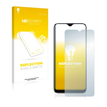 Parte frontale di una confezione del prodotto con il logo del marchio upscreen. Accanto è raffigurato il dispositivo realme C1