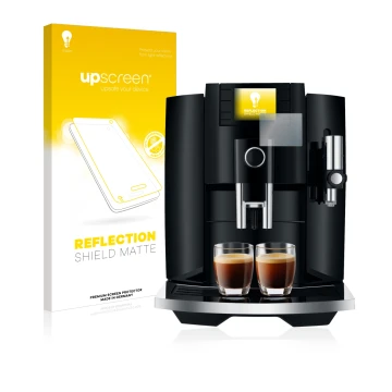 Parte frontale di una confezione del prodotto con il logo del marchio upscreen. Accanto è raffigurato il dispositivo Jura E8 (