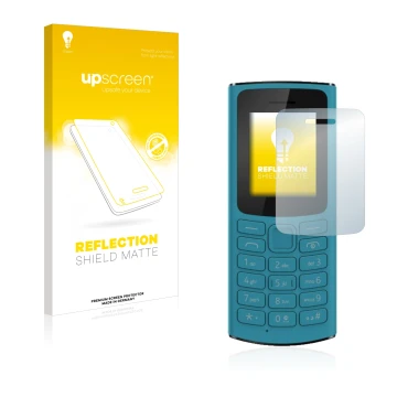 Parte frontale di una confezione del prodotto con il logo del marchio upscreen. Accanto è raffigurato il dispositivo Nokia 105