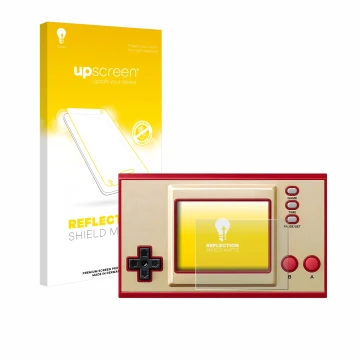 Parte frontale di una confezione del prodotto con il logo del marchio upscreen. Accanto è raffigurato il dispositivo Nintendo 