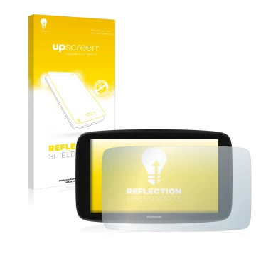 Parte frontale di una confezione del prodotto con il logo del marchio upscreen. Accanto è raffigurato il dispositivo TomTom Go