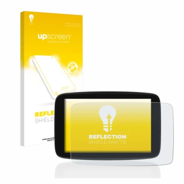Parte frontale di una confezione del prodotto con il logo del marchio upscreen. Accanto è raffigurato il dispositivo TomTom Go