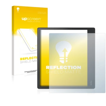 Parte frontale di una confezione del prodotto con il logo del marchio upscreen. Accanto è raffigurato il dispositivo Kobo Elip