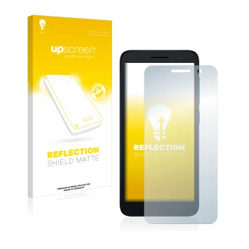 Parte frontale di una confezione del prodotto con il logo del marchio upscreen. Accanto è raffigurato il dispositivo Alcatel 1