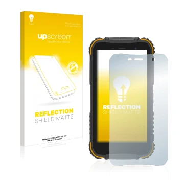 Parte frontale di una confezione del prodotto con il logo del marchio upscreen. Accanto è raffigurato il dispositivo Doogee S3