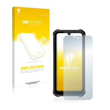 Parte frontale di una confezione del prodotto con il logo del marchio upscreen. Accanto è raffigurato il dispositivo Oukitel W