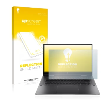 Parte frontale di una confezione del prodotto con il logo del marchio upscreen. Accanto è raffigurato il dispositivo HP Envy x