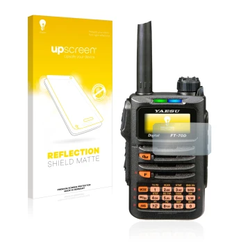 Parte frontale di una confezione del prodotto con il logo del marchio upscreen. Accanto è raffigurato il dispositivo Yaesu FT-