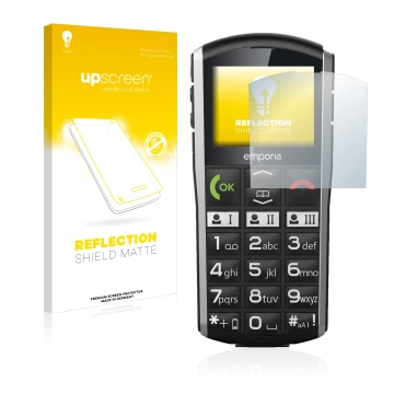 Parte frontale di una confezione del prodotto con il logo del marchio upscreen. Accanto è raffigurato il dispositivo Emporia S