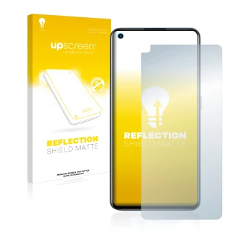 Parte frontale di una confezione del prodotto con il logo del marchio upscreen. Accanto è raffigurato il dispositivo realme GT
