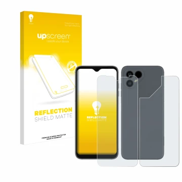 Parte frontale di una confezione del prodotto con il logo del marchio upscreen. Accanto è raffigurato il dispositivo Fairphone