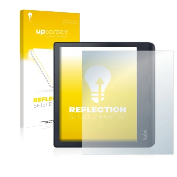 Parte frontale di una confezione del prodotto con il logo del marchio upscreen. Accanto è raffigurato il dispositivo Kobo Sage