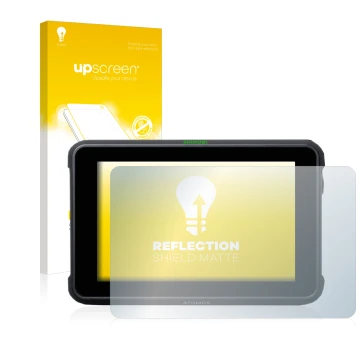 Parte frontale di una confezione del prodotto con il logo del marchio upscreen. Accanto è raffigurato il dispositivo Atomos Sh