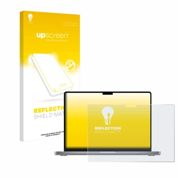 Parte frontale di una confezione del prodotto con il logo del marchio upscreen. Accanto è raffigurato il dispositivo Apple Mac