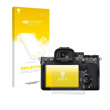 Parte frontale di una confezione del prodotto con il logo del marchio upscreen. Accanto è raffigurato il dispositivo Sony Alph