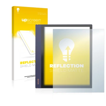 Parte frontale di una confezione del prodotto con il logo del marchio upscreen. Accanto è raffigurato il dispositivo Boox Note