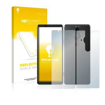 Parte frontale di una confezione del prodotto con il logo del marchio upscreen. Accanto è raffigurato il dispositivo Sony Xper