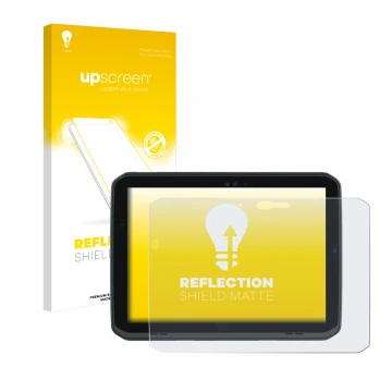 Parte frontale di una confezione del prodotto con il logo del marchio upscreen. Accanto è raffigurato il dispositivo Zebra ET8