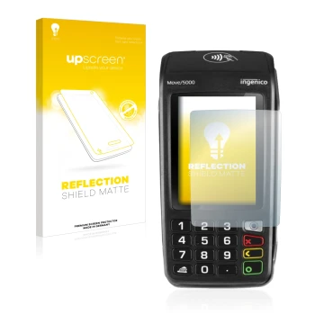 Parte frontale di una confezione del prodotto con il logo del marchio upscreen. Accanto è raffigurato il dispositivo ingenico 