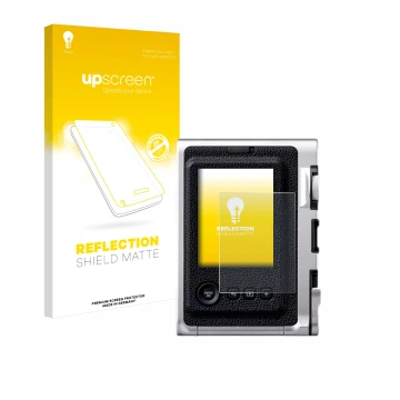 Parte frontale di una confezione del prodotto con il logo del marchio upscreen. Accanto è raffigurato il dispositivo Fujifilm 