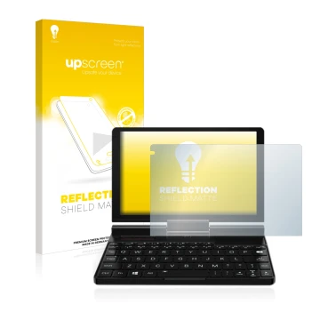 Parte frontale di una confezione del prodotto con il logo del marchio upscreen. Accanto è raffigurato il dispositivo GPD Pocke