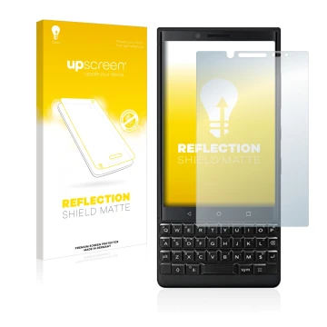 Parte frontale di una confezione del prodotto con il logo del marchio upscreen. Accanto è raffigurato il dispositivo BlackBerr