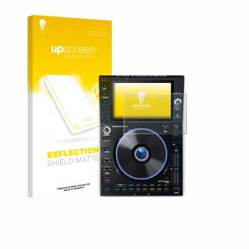 Parte frontale di una confezione del prodotto con il logo del marchio upscreen. Accanto è raffigurato il dispositivo Denon DJ 