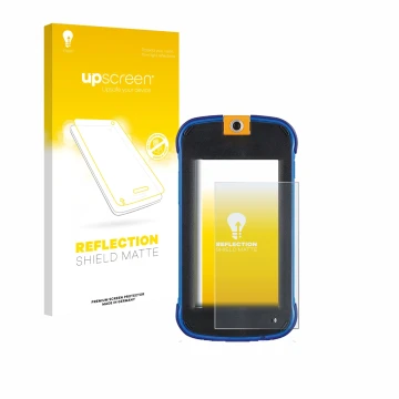 Parte frontale di una confezione del prodotto con il logo del marchio upscreen. Accanto è raffigurato il dispositivo Vtech Kid