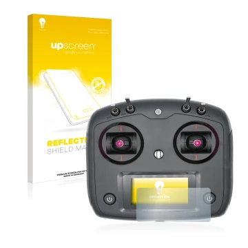 Parte frontale di una confezione del prodotto con il logo del marchio upscreen. Accanto è raffigurato il dispositivo FlySky FS