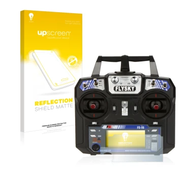 Parte frontale di una confezione del prodotto con il logo del marchio upscreen. Accanto è raffigurato il dispositivo FlySky FS