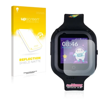 Parte frontale di una confezione del prodotto con il logo del marchio upscreen. Accanto è raffigurato il dispositivo SoyMomo S